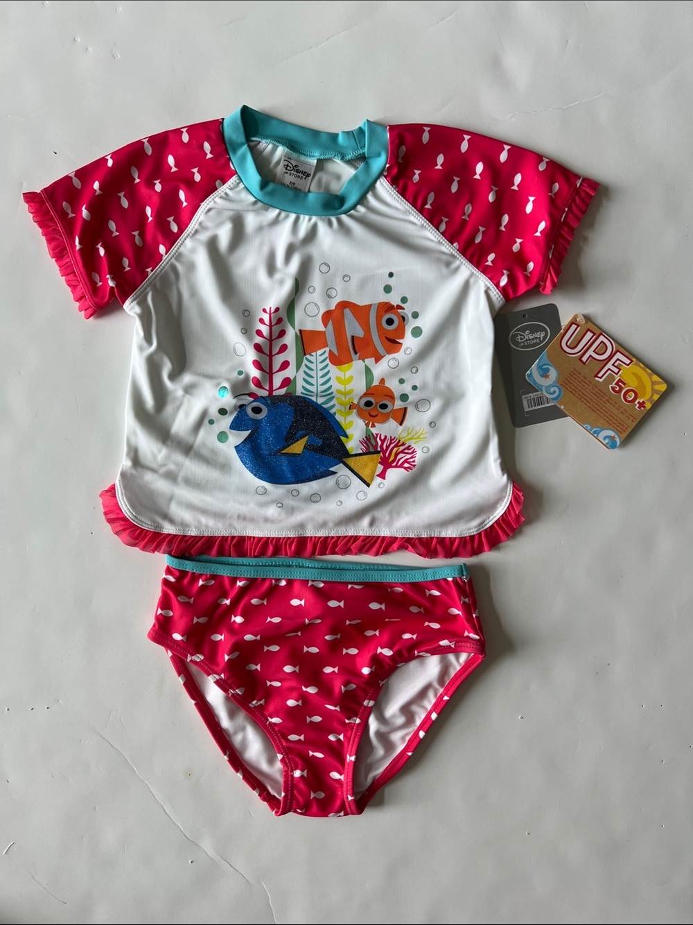 Disney Girls White, Pink & Teal Finding Dory Two-Piece Rash Guard Set